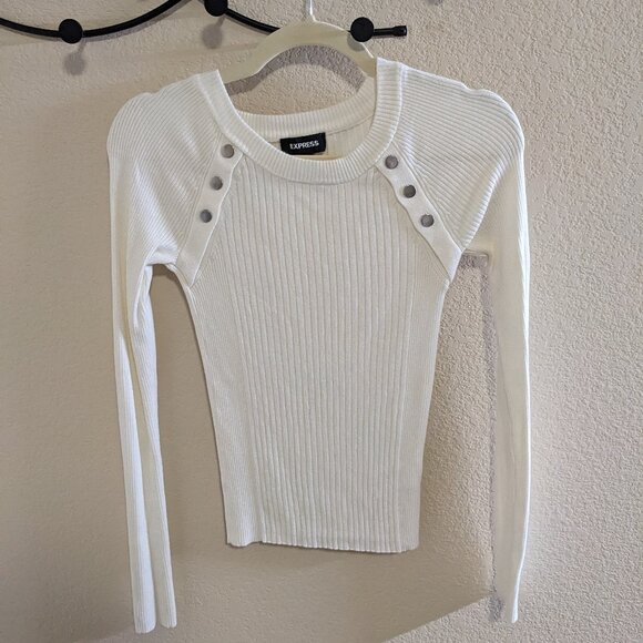 Express Ribbed White Button Women's Crewneck Size XS NWOT - Picture 1 of 4